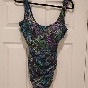 Tropical Leaf Scoop One-Piece Swimsuit in Black with Green & Purple
